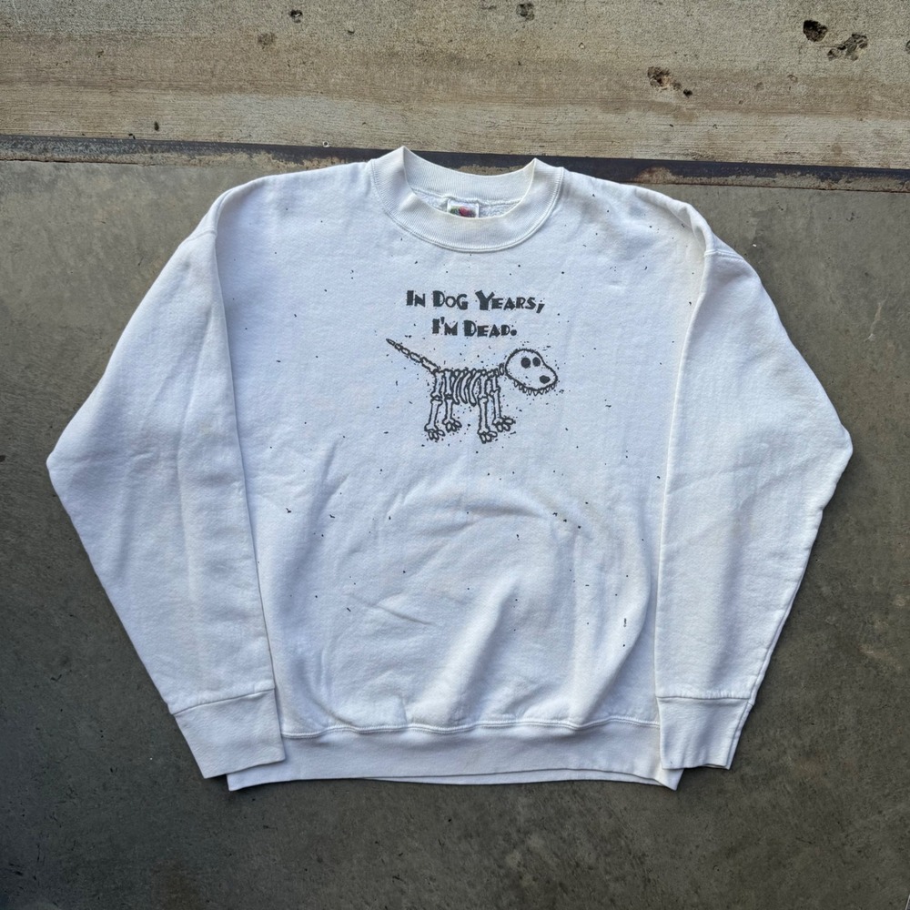 Vintage Fruit of the Loom In Dog Years I'm Dead Skeleton Sweatshirt White Large